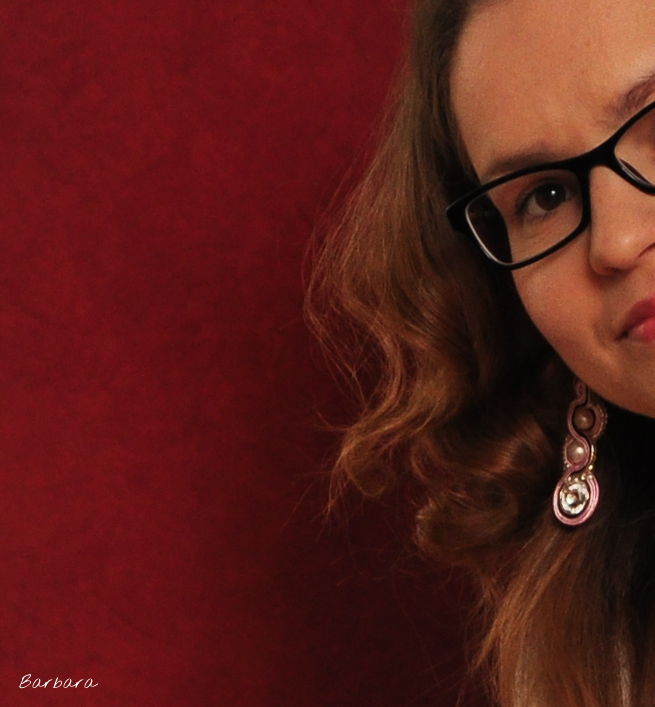 ja, soutache, sutasz, piękna biżuteria sutasz, różowa, różowe kolczyki, kolczyki z perłami, kolczyki, perły, 