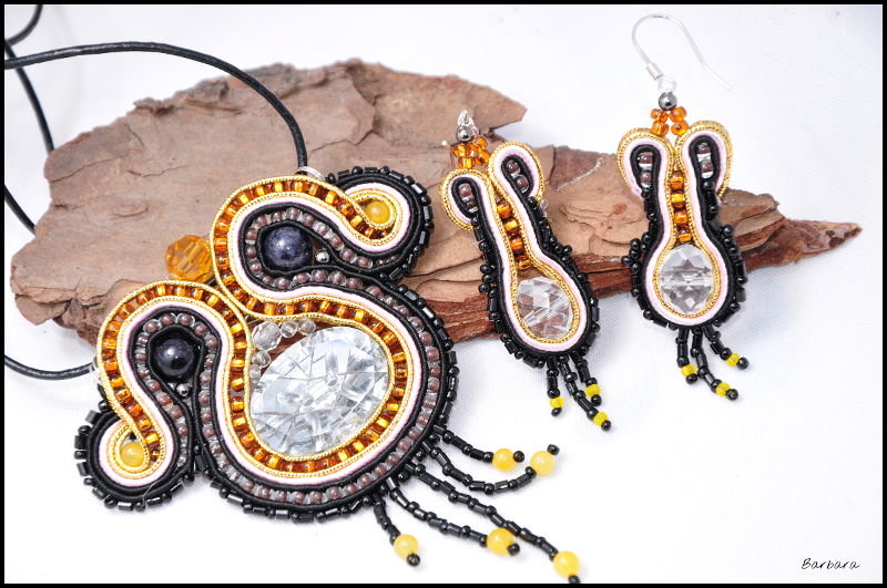 soutache, black, gold, Toho, mineral stones, jewelry, pendant, earrings,