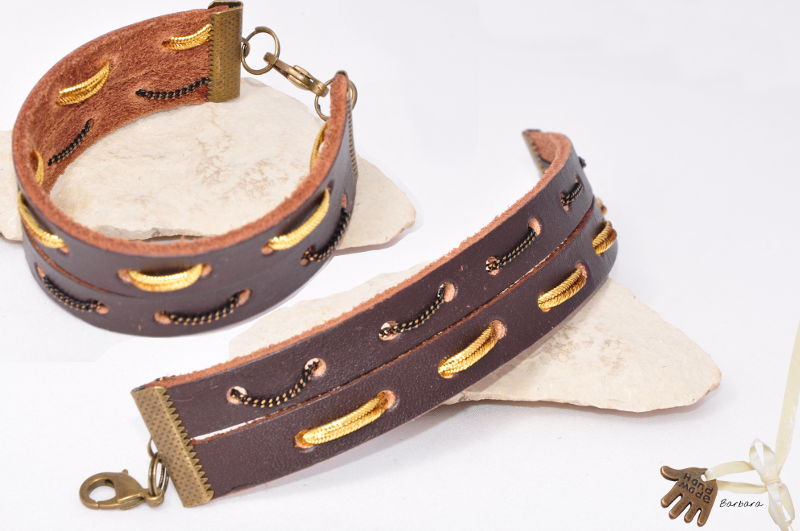 bracelet,leather,brown leather,gold soutache strings,antical ended clasp,