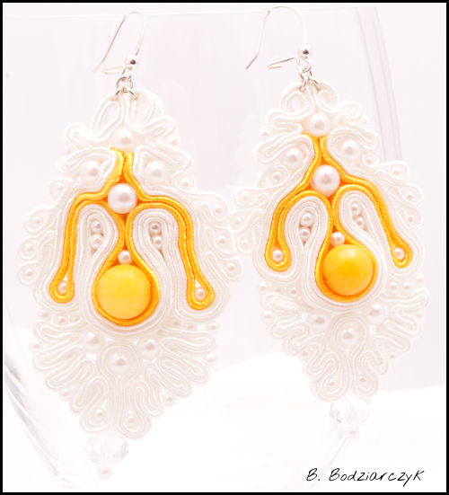 biżuteria ślubna, kolczyki, żółty, wiedza, słońce, soutache, sutasz