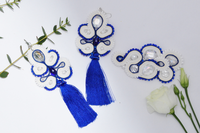 sutasz,soutache,biżuteria ślubna,wedding jewelery,blue,cornflower,chwost,biżuteria z chwostem,kolczyki z chwostami,wedding,
