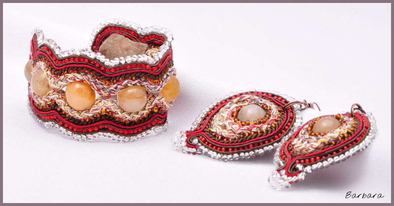 kolczyki, sutaszowy zestaw, biżuteria, bransoletka, bransoletka sutasz, bezbarwny, rękodzieło, sutaszowy zestaw, sutasz, brązowy, czerwony, pomarańczowy, inspiracje, handmade,