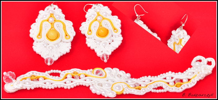 biżuteria ślubna, bransoletka, kolczyki, soutache, sutasz, wedding jewelry, żółty, biały