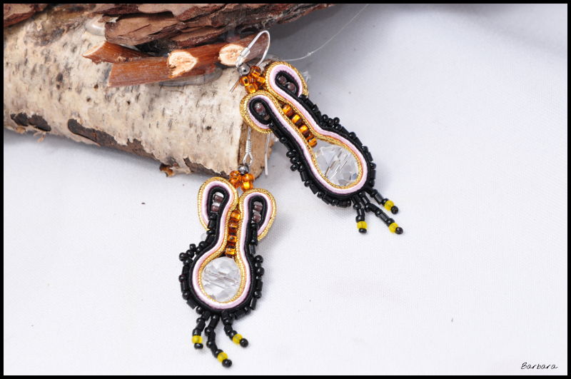 soutache, black, gold, Toho, mineral stones, jewelry, earrings,