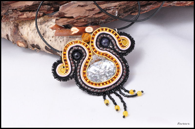 soutache, black, gold, Toho, mineral stones, jewelry, pendant
