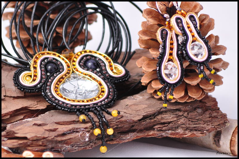 soutache, black, gold, Toho, mineral stones, jewelry, pendant, earrings