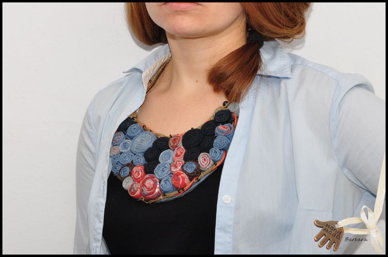 recykling, dżins, krata, koszula, koraliki, len, wisior, korale,