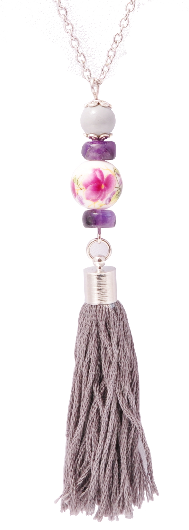 wisiorek,z chwostem,ametysty,koralik porcelanowy,w kolorze srebra,