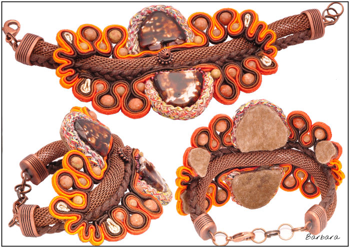 Bransoletka sutasz kamień, minerał, brązowy, czekoladowy, bąz, czekolada, miedziany, kwiat, biżuteria, soutache, sutasz, bransoletka,